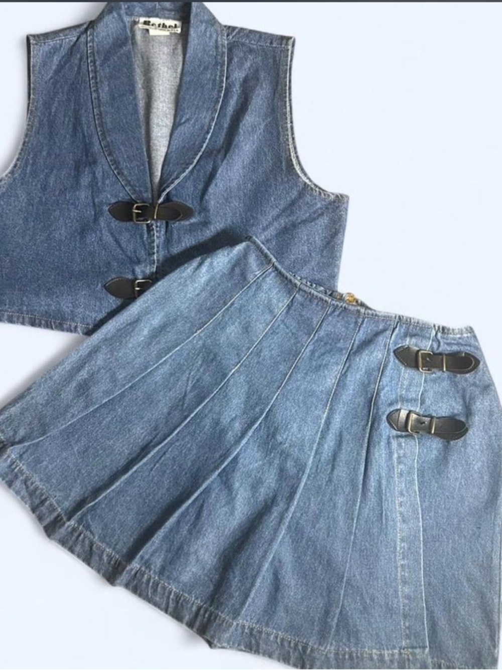 Vintage Denim Two-Piece Skirt & Vest Set - Blue